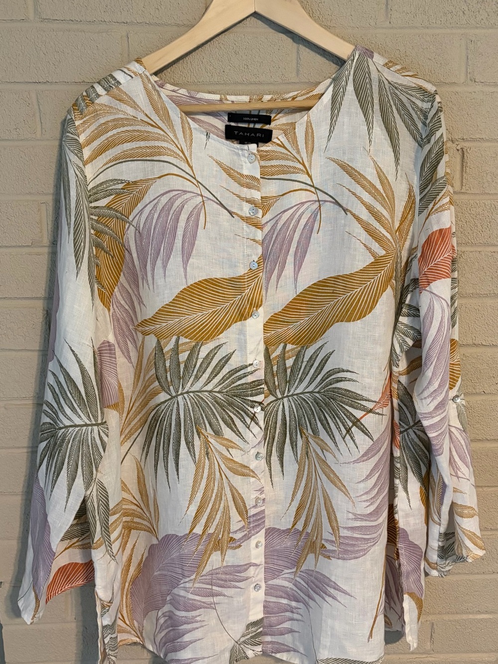 Tahari White Tropical Palm Leaf Button-Front Tunic Resort Wear